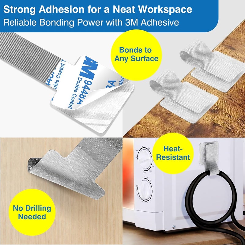 Tapsi Cable Management Kit – 40 Self-Adhesive Hook and Loop Ties with 2 Extension Straps – Made with 3M Tape, Back-Sticky Cord Organizer for Under Desk, Wall, Home, Office – Adjustable Wire Holders - Image 3